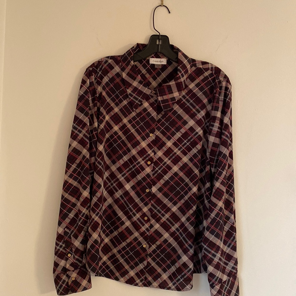 Calvin Klein NWOT GrayBurgundy,Red,Cream blouse, measurements in photos below